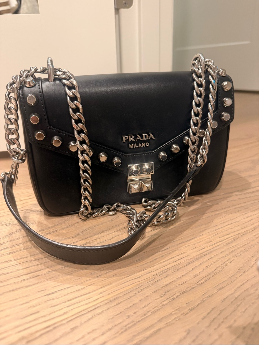 Authentic Prada Black Leather Chain-Trim Shoulder Bag- comes with dust bag